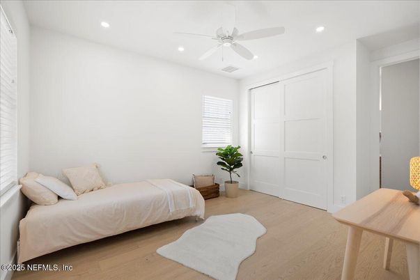 Bedroom, Interior, Recessed Lighting, Wood Texture Flooring