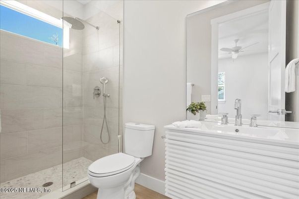 Bathroom, Glass Shower, Interior, Wood Texture Flooring