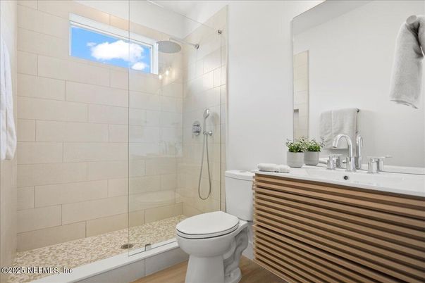 Bathroom, Glass Shower, Interior, Wood Texture Flooring