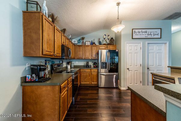 Interior, Kitchen, Pendant Lights, Stainless Steel Appliances, Wood Texture Flooring