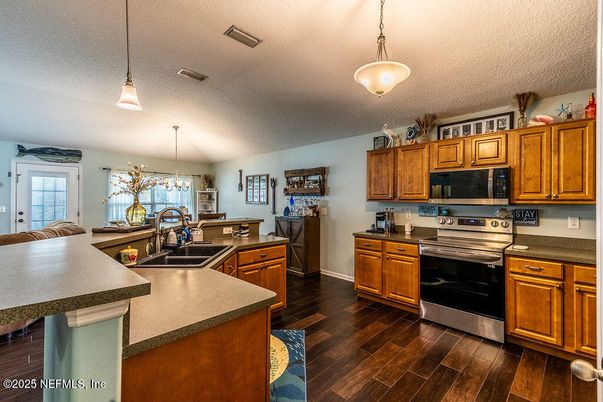 Interior, Kitchen, Pendant Lights, Stainless Steel Appliances, Wood Texture Flooring