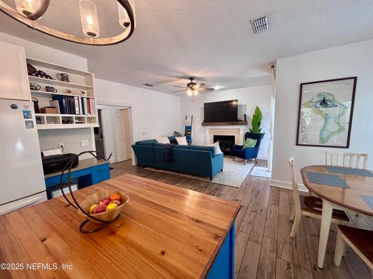 Dining room, Fireplace, Interior, Living room, Wood Texture Flooring
