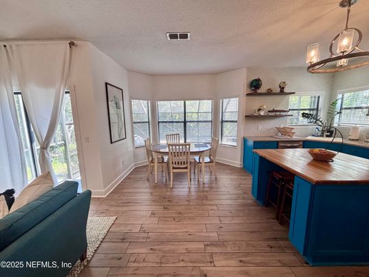 Dining room, Interior, Pendant Lights, Wood Texture Flooring