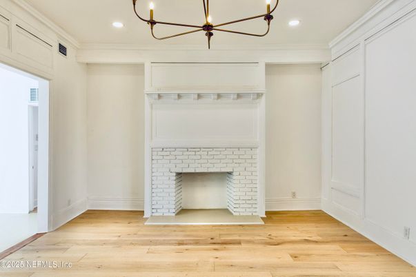 Empty room, Fireplace, Interior, Pendant Lights, Recessed Lighting, Wood Texture Flooring