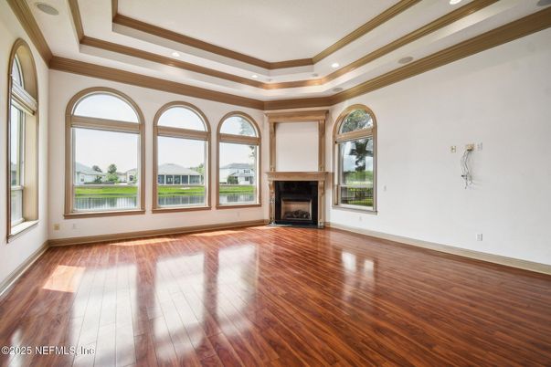 Empty room, Fireplace, Interior, Recessed Lighting, Wood Texture Flooring