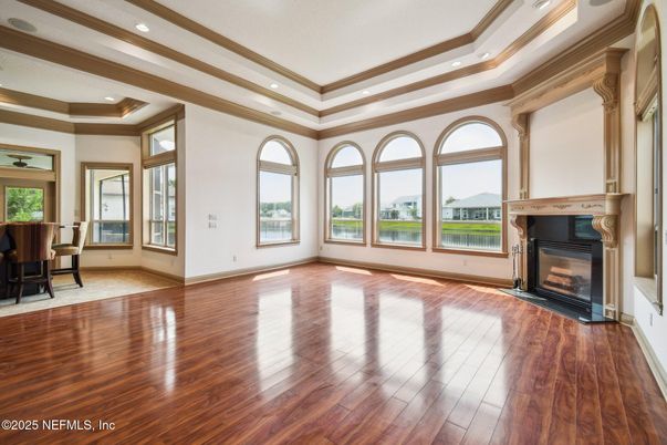 Empty room, Fireplace, Interior, Recessed Lighting, Wood Texture Flooring