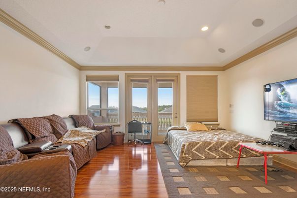 Bedroom, Interior, Recessed Lighting, Wood Texture Flooring