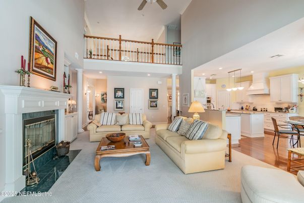 Fireplace, Interior, Kitchen, Living room, Pendant Lights, Recessed Lighting, Wood Texture Flooring