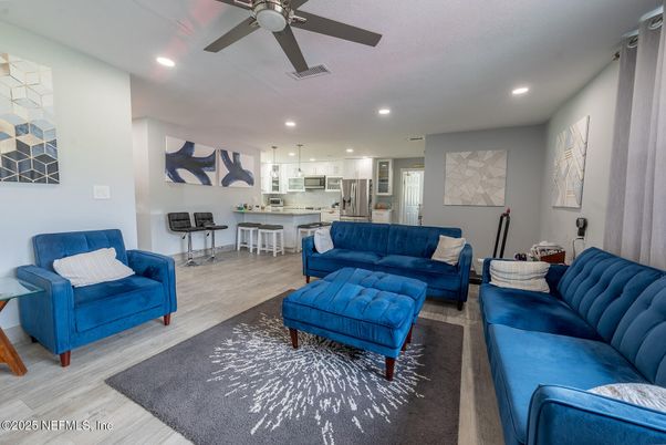 Interior, Kitchen, Living room, Recessed Lighting, Stainless Steel Appliances, Wood Texture Flooring