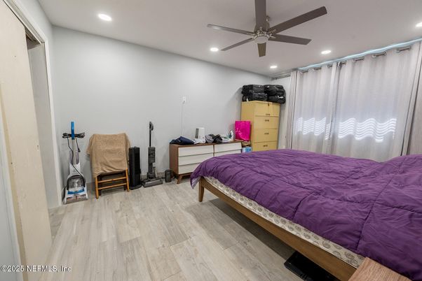 Bedroom, Interior, Recessed Lighting, Wood Texture Flooring