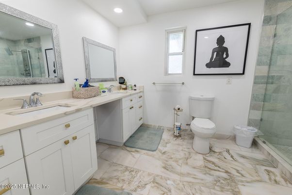 Bathroom, Dual Sink Vanities, Interior, Marble, Recessed Lighting