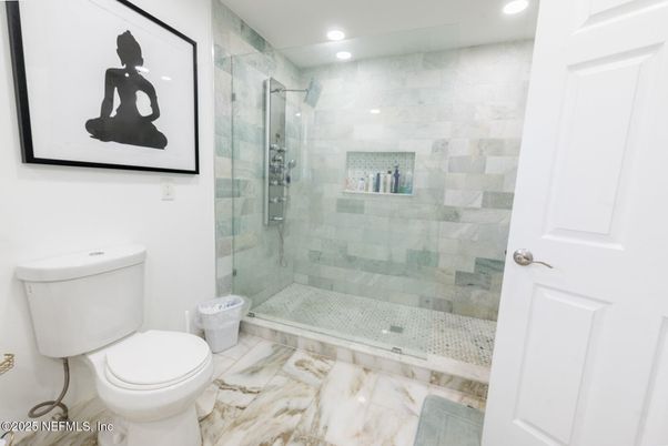 Bathroom, Glass Shower, Interior, Marble, Recessed Lighting
