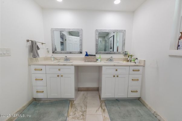 Bathroom, Dual Sink Vanities, Interior, Marble, Recessed Lighting