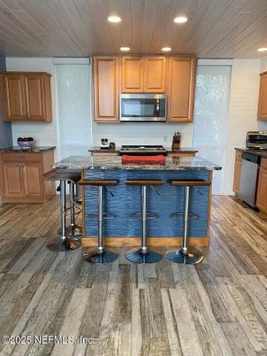 Interior, Kitchen, Recessed Lighting, Stainless Steel Appliances, Wooden Ceilings, Wood Texture Flooring