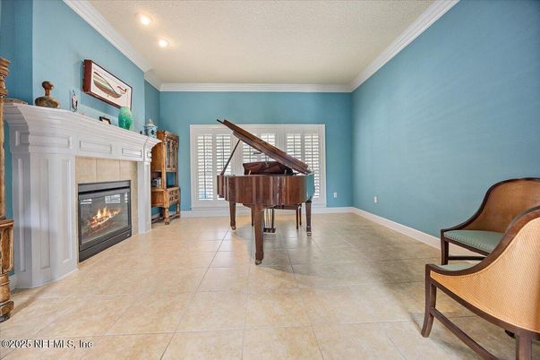 Fireplace, Interior, Piano, Recessed Lighting