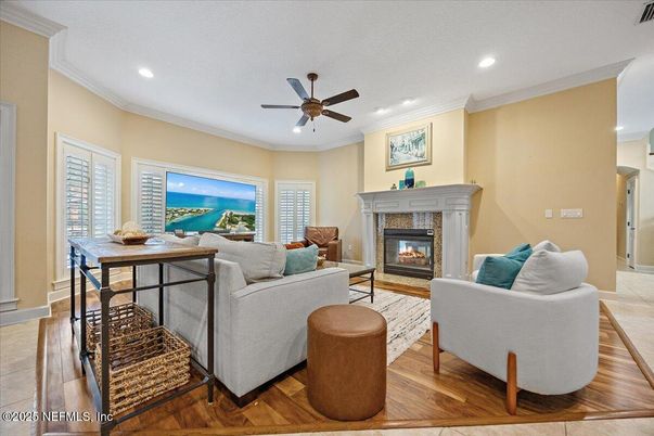 Fireplace, Interior, Living room, Recessed Lighting, Wood Texture Flooring