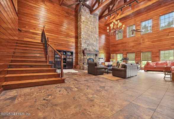 Chandelier, Fireplace, Interior, Living room, Wooden Beams, Wooden Ceilings, Wooden Walls