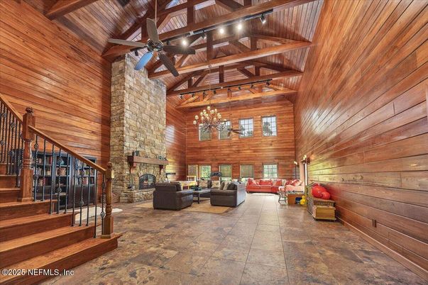 Chandelier, Fireplace, Interior, Living room, Wooden Beams, Wooden Ceilings, Wooden Walls