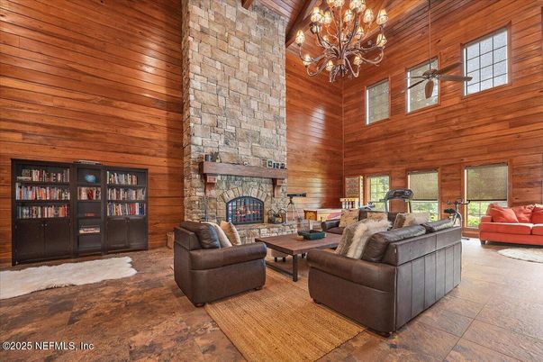 Chandelier, Fireplace, Interior, Living room, Stone Walls, Wooden Ceilings, Wooden Walls