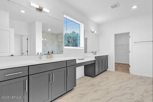 Bathroom, Dual Sink Vanities, Glass Shower, Interior, Marble, Recessed Lighting