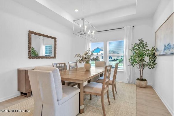 Dining room, Interior, Pendant Lights, Recessed Lighting, Wood Texture Flooring