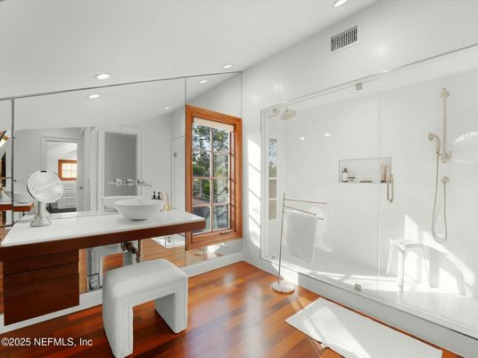Bathroom, Glass Shower, Interior, Recessed Lighting, Wood Texture Flooring