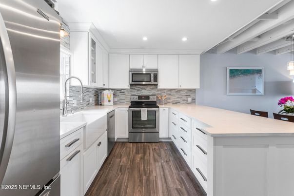 Interior, Kitchen, Recessed Lighting, Stainless Steel Appliances, Wood Texture Flooring