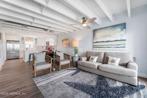 Dining room, Interior, Kitchen, Living room, Pendant Lights, Recessed Lighting, Stainless Steel Appliances, Wood Texture Flooring