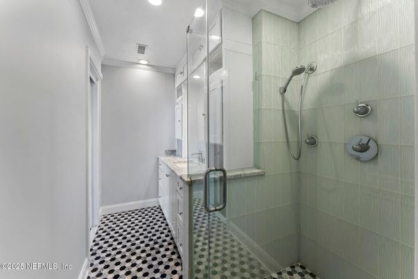 Bathroom, Glass Shower, Interior, Recessed Lighting