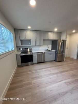 Interior, Kitchen, Recessed Lighting, Stainless Steel Appliances, Wood Texture Flooring