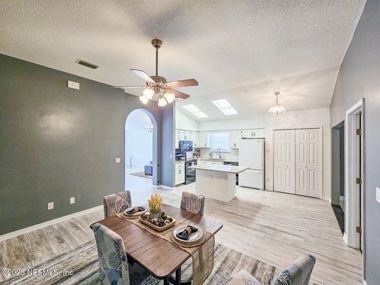 Dining room, Interior, Kitchen, Pendant Lights, Wood Texture Flooring