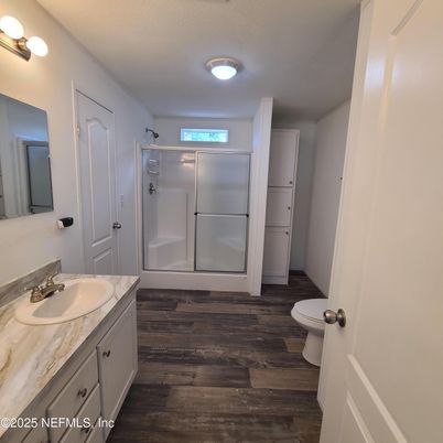 Bathroom, Glass Shower, Interior, Wood Texture Flooring