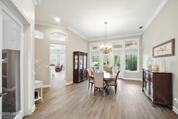 Chandelier, Dining room, Interior, Recessed Lighting, Wood Texture Flooring