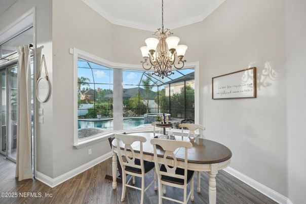 Chandelier, Dining room, Interior, Pool, Sun Room, Wood Texture Flooring