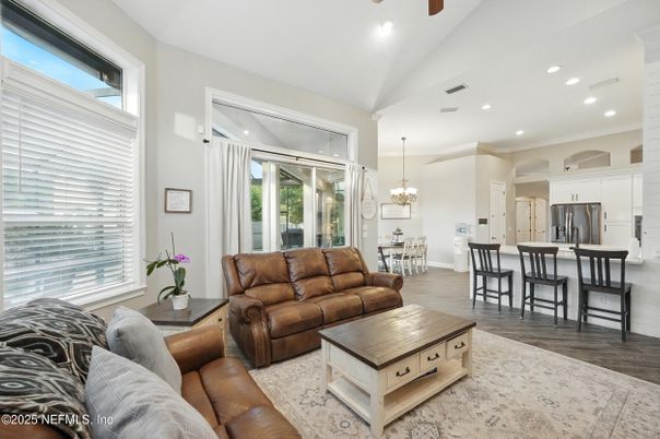 Chandelier, Dining room, Interior, Kitchen, Living room, Recessed Lighting, Stainless Steel Appliances, Wood Texture Flooring
