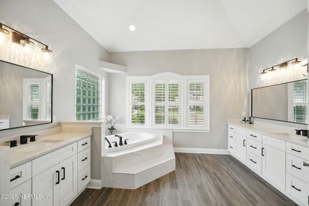 Bathroom, Dual Sink Vanities, Interior, Recessed Lighting, Wood Texture Flooring