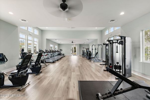 Fitness Equipment, Gym, Interior, Recessed Lighting, Wood Texture Flooring
