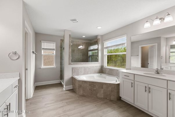 Bathroom, Dual Sink Vanities, Interior, Recessed Lighting, Wood Texture Flooring