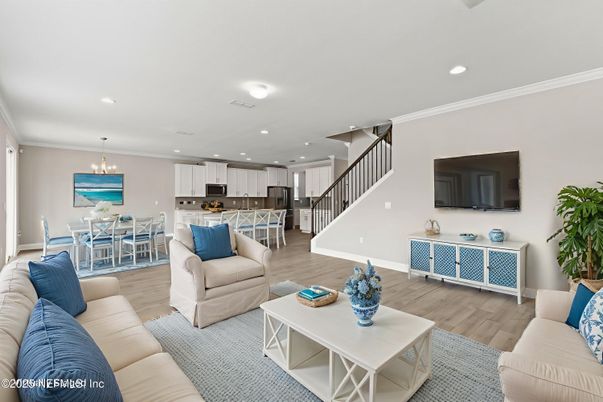 Dining room, Interior, Kitchen, Living room, Pendant Lights, Recessed Lighting, Stainless Steel Appliances, Wood Texture Flooring