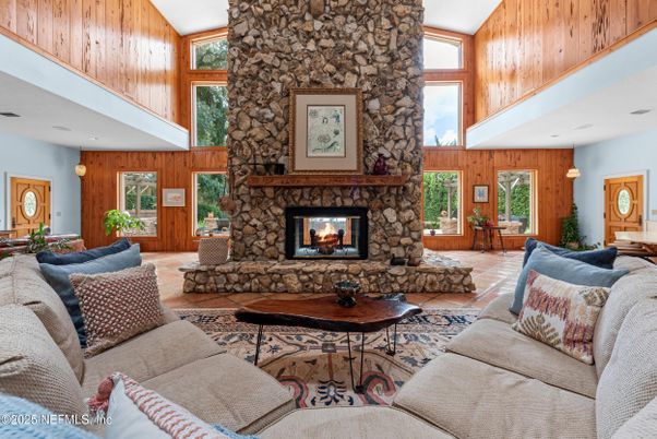 Fireplace, Interior, Living room, Stone Walls, Wooden Walls
