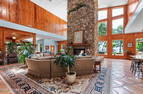 Fireplace, Interior, Living room, Recessed Lighting, Wooden Walls