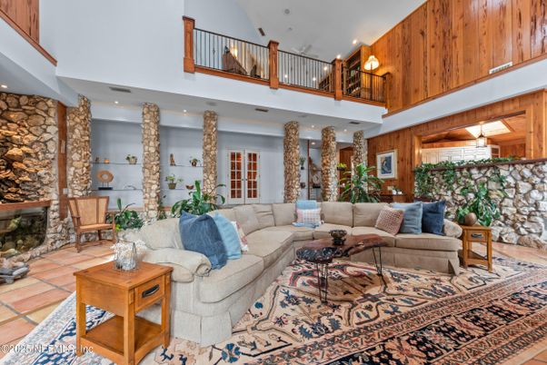 Fireplace, Interior, Living room, Recessed Lighting, Stone Walls