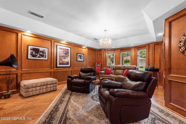 Chandelier, Interior, Living room, Recessed Lighting, Wood Texture Flooring, Wooden Walls