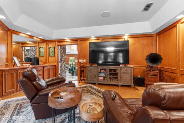Interior, Living room, Recessed Lighting, Wood Texture Flooring, Wooden Walls
