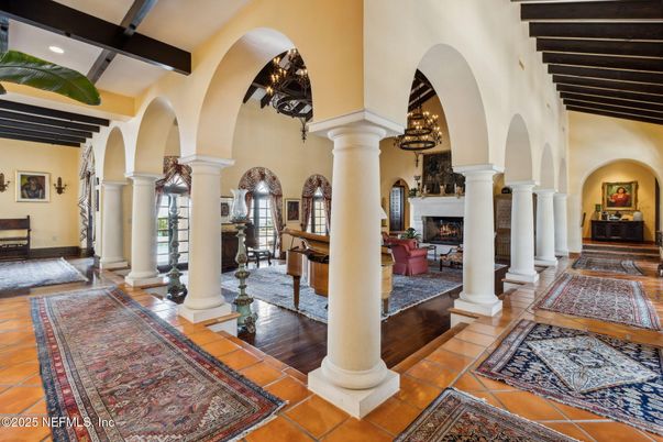 Chandelier, Fireplace, Interior, Living room, Recessed Lighting, Wooden Beams
