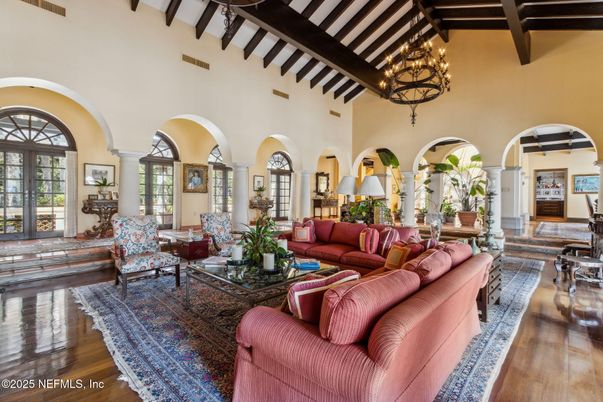 Chandelier, Interior, Living room, Wooden Beams, Wood Texture Flooring