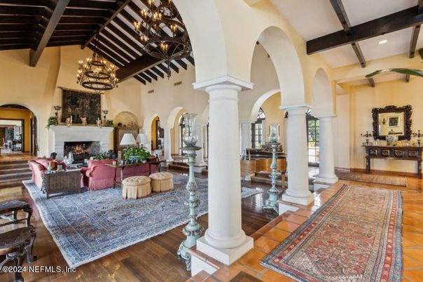 Chandelier, Fireplace, Interior, Living room, Recessed Lighting, Wooden Beams, Wood Texture Flooring