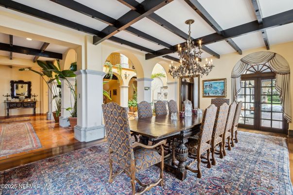 Chandelier, Dining room, Interior, Recessed Lighting, Wooden Beams, Wood Texture Flooring
