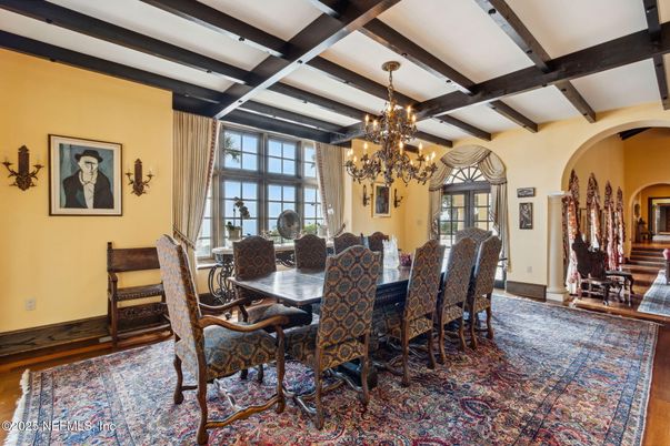 Chandelier, Dining room, Interior, Wooden Beams, Wood Texture Flooring