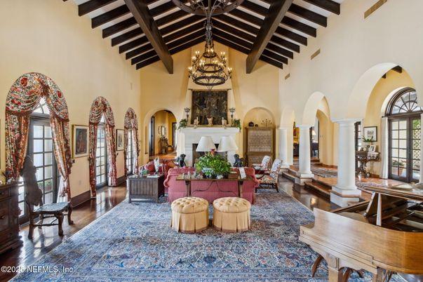 Chandelier, Fireplace, Interior, Living room, Piano, Wooden Beams, Wood Texture Flooring